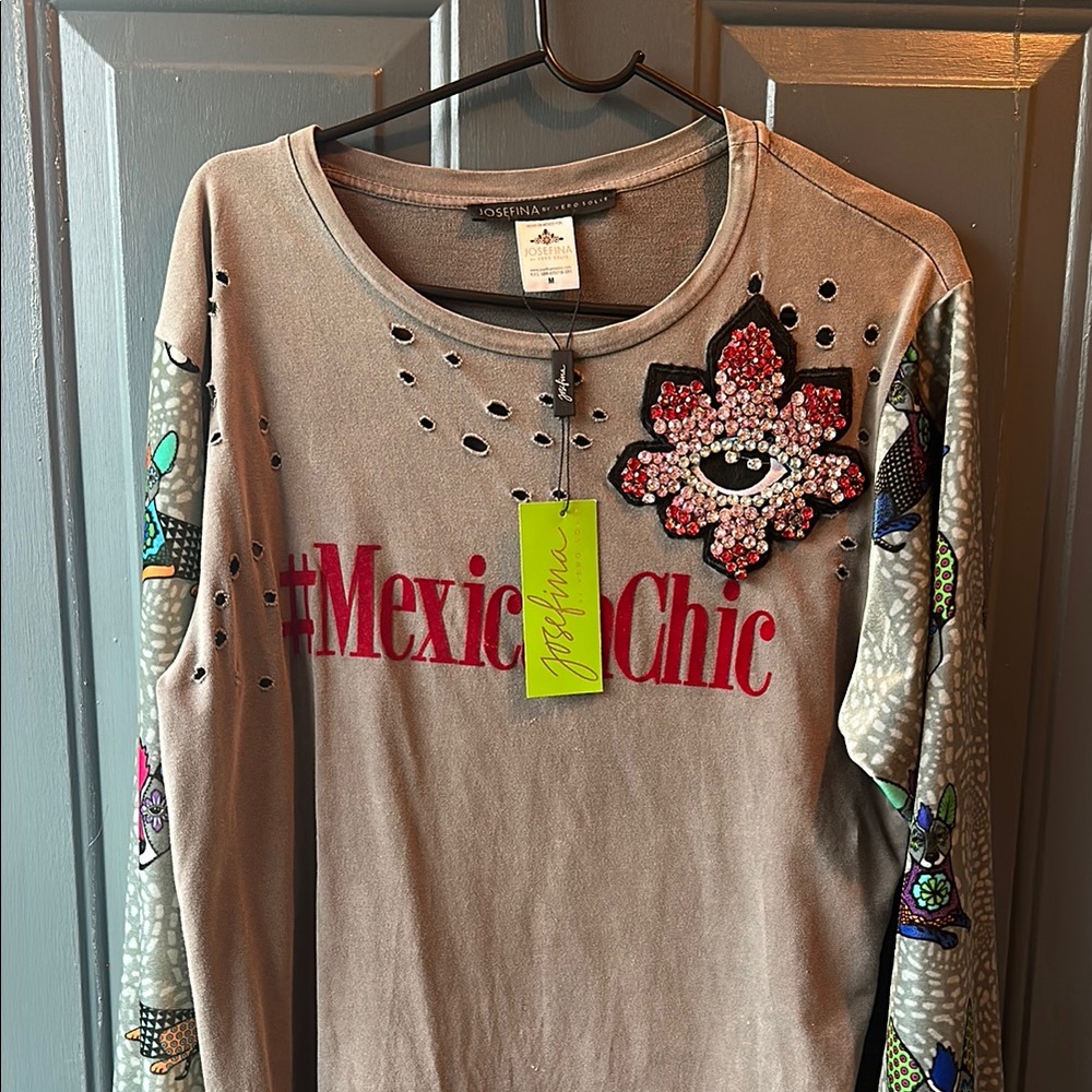 Desigual Beige Long Sleeve Top with Red and Multicolor Embellishments Josefina b
